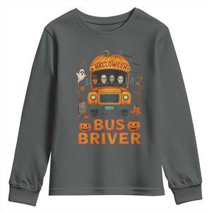 Funny Halloween Bus Driver Youth Sweatshirt Horror Slashers Pumpkin School Bus Spooky Season TS11 Dark Heather Print Your Wear