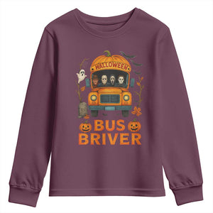 Funny Halloween Bus Driver Youth Sweatshirt Horror Slashers Pumpkin School Bus Spooky Season TS11 Maroon Print Your Wear