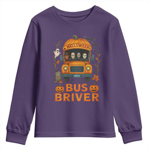 Funny Halloween Bus Driver Youth Sweatshirt Horror Slashers Pumpkin School Bus Spooky Season TS11 Purple Print Your Wear
