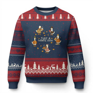 Just A Thankful Goose Ugly Christmas Sweater Funny Goose Turkey Thanksgiving Fall Season TS11 Navy Red Print Your Wear