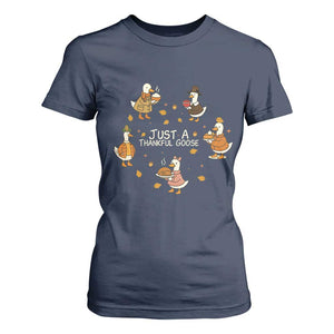 Just A Thankful Goose T Shirt For Women Funny Goose Turkey Thanksgiving Fall Season TS11 Navy Print Your Wear