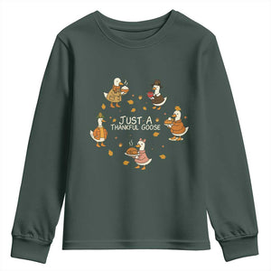 Just A Thankful Goose Youth Sweatshirt Funny Goose Turkey Thanksgiving Fall Season TS11 Dark Forest Green Print Your Wear