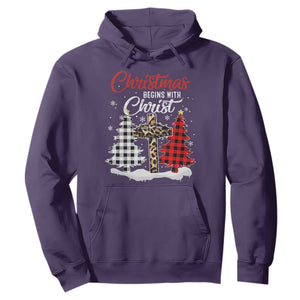 Christmas Begins With Christ Hoodie Leopard Cross Plaid Xmas Tree TS11 Purple Print Your Wear