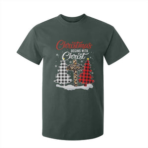 Christmas Begins With Christ T Shirt For Kid Leopard Cross Plaid Xmas Tree TS11 Dark Forest Green Print Your Wear