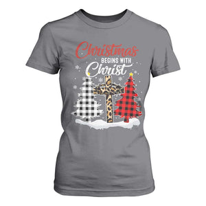 Christmas Begins With Christ T Shirt For Women Leopard Cross Plaid Xmas Tree TS11 Charcoal Print Your Wear