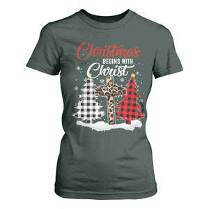 Christmas Begins With Christ T Shirt For Women Leopard Cross Plaid Xmas Tree TS11 Dark Forest Green Print Your Wear