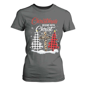 Christmas Begins With Christ T Shirt For Women Leopard Cross Plaid Xmas Tree TS11 Dark Heather Print Your Wear