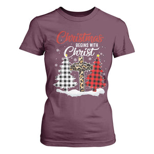 Christmas Begins With Christ T Shirt For Women Leopard Cross Plaid Xmas Tree TS11 Maroon Print Your Wear