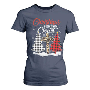 Christmas Begins With Christ T Shirt For Women Leopard Cross Plaid Xmas Tree TS11 Navy Print Your Wear