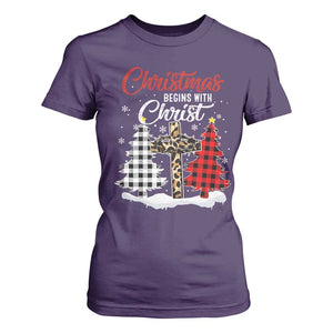 Christmas Begins With Christ T Shirt For Women Leopard Cross Plaid Xmas Tree TS11 Purple Print Your Wear