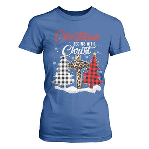 Christmas Begins With Christ T Shirt For Women Leopard Cross Plaid Xmas Tree TS11 Royal Blue Print Your Wear