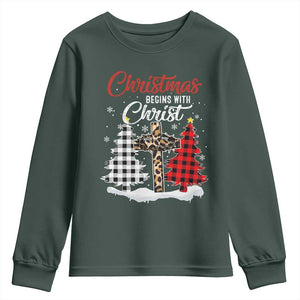 Christmas Begins With Christ Youth Sweatshirt Leopard Cross Plaid Xmas Tree TS11 Dark Forest Green Print Your Wear