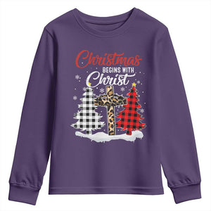 Christmas Begins With Christ Youth Sweatshirt Leopard Cross Plaid Xmas Tree TS11 Purple Print Your Wear