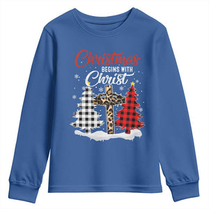 Christmas Begins With Christ Youth Sweatshirt Leopard Cross Plaid Xmas Tree TS11 Royal Blue Print Your Wear