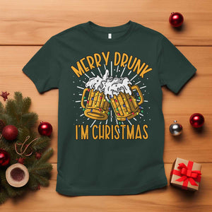 Funny Merry Drunk I'm Christmas T Shirt Vintage Beer Mugs Xmas TS11 Dark Forest Green Print Your Wear