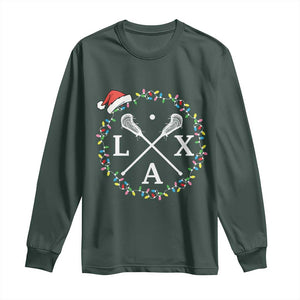 Funny Christmas Lacrosse Lax Stick Santa Hat Long Sleeve Shirt TS11 Dark Forest Green Print Your Wear