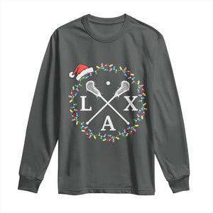 Funny Christmas Lacrosse Lax Stick Santa Hat Long Sleeve Shirt TS11 Dark Heather Print Your Wear