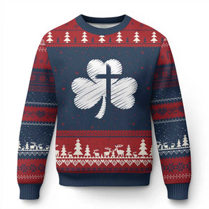 St Patricks Day Christian Religious Shamrock Cross Ugly Christmas Sweater TS11 Navy Red Print Your Wear