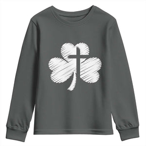 St Patricks Day Christian Religious Shamrock Cross Youth Sweatshirt TS11 Dark Heather Print Your Wear