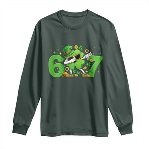 Funny Six Seven 67 St Patricks Day Dabbing Shamrock Long Sleeve Shirt TS11 Dark Forest Green Print Your Wear