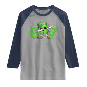 Funny Six Seven 67 St Patricks Day Dabbing Shamrock Raglan Shirt TS11 Sport Gray Navy Print Your Wear