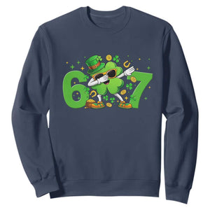 Funny Six Seven 67 St Patricks Day Dabbing Shamrock Sweatshirt TS11 Navy Print Your Wear