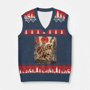 Cat Princess Riding Raptor Dinosaur V-Neck Knit Sweater Vest Japanese Vintage Graphic Ukiyoe Art TS11 Navy Red Print Your Wear