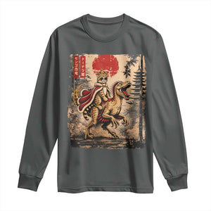 Cat Princess Riding Raptor Dinosaur Long Sleeve Shirt Japanese Vintage Graphic Ukiyoe Art TS11 Dark Heather Print Your Wear