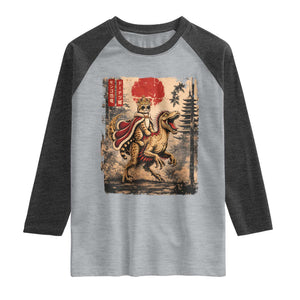 Cat Princess Riding Raptor Dinosaur Raglan Shirt Japanese Vintage Graphic Ukiyoe Art TS11 Heather Gray Heather Charcoal Print Your Wear