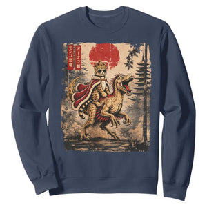 Cat Princess Riding Raptor Dinosaur Sweatshirt Japanese Vintage Graphic Ukiyoe Art TS11 Navy Print Your Wear