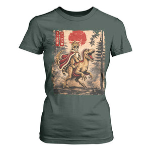Cat Princess Riding Raptor Dinosaur T Shirt For Women Japanese Vintage Graphic Ukiyoe Art TS11 Dark Forest Green Print Your Wear