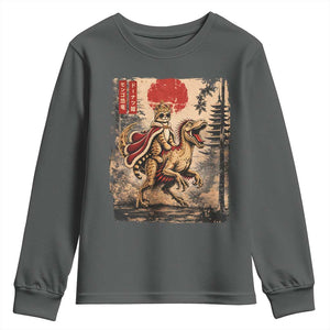Cat Princess Riding Raptor Dinosaur Youth Sweatshirt Japanese Vintage Graphic Ukiyoe Art TS11 Dark Heather Print Your Wear