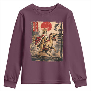 Cat Princess Riding Raptor Dinosaur Youth Sweatshirt Japanese Vintage Graphic Ukiyoe Art TS11 Maroon Print Your Wear