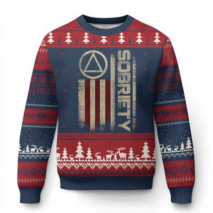 Sober AA NA Sobriety Anniversary Ugly Christmas Sweater Alcoholism Addiction Recovery Vintage American Flag TS11 Navy Red Print Your Wear