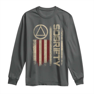 Sober AA NA Sobriety Anniversary Long Sleeve Shirt Alcoholism Addiction Recovery Vintage American Flag TS11 Dark Heather Print Your Wear