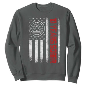 10 Years Sober Sweatshirt 10 Years Sobriety Anniversary Vintage American Flag TS11 Dark Heather Print Your Wear