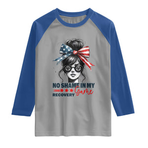 No Shame In My Recovery Game Raglan Shirt Sobriety AA NA Anniversary TS11 Sport Gray Royal Print Your Wear