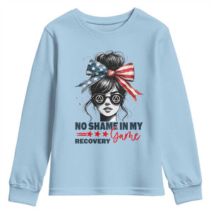 No Shame In My Recovery Game Youth Sweatshirt Sobriety AA NA Anniversary TS11 Light Blue Print Your Wear