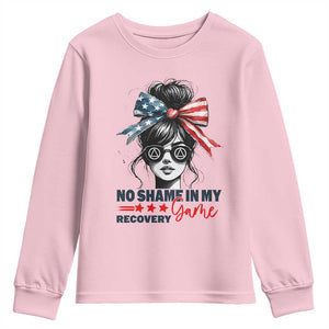 No Shame In My Recovery Game Youth Sweatshirt Sobriety AA NA Anniversary TS11 Light Pink Print Your Wear