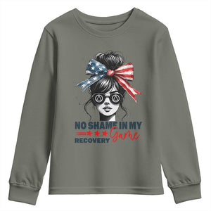 No Shame In My Recovery Game Youth Sweatshirt Sobriety AA NA Anniversary TS11 Military Green Print Your Wear
