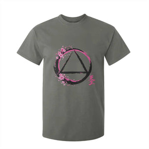 AA Sober Symbol Serenity Recovery T Shirt For Kid Japanese Cherry Blossom Brushstroke Circle TS11 Military Green Print Your Wear