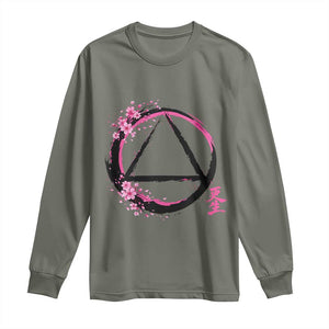AA Sober Symbol Serenity Recovery Long Sleeve Shirt Japanese Cherry Blossom Brushstroke Circle TS11 Military Green Print Your Wear
