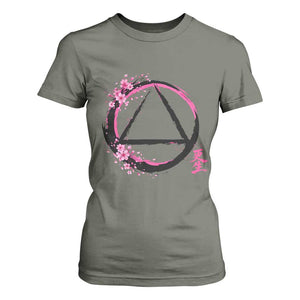 AA Sober Symbol Serenity Recovery T Shirt For Women Japanese Cherry Blossom Brushstroke Circle TS11 Military Green Print Your Wear