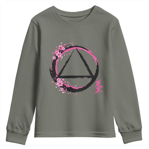 AA Sober Symbol Serenity Recovery Youth Sweatshirt Japanese Cherry Blossom Brushstroke Circle TS11 Military Green Print Your Wear
