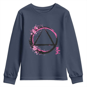 AA Sober Symbol Serenity Recovery Youth Sweatshirt Japanese Cherry Blossom Brushstroke Circle TS11 Navy Print Your Wear