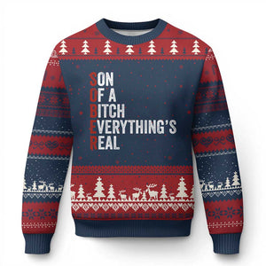 Sobriety Anniversary Ugly Christmas Sweater Sober Son Of A Bitch Everythings Real AA NA TS11 Navy Red Print Your Wear