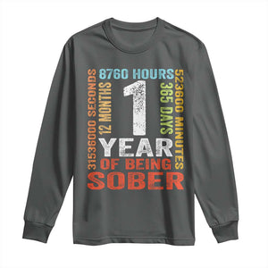 1 Year Of Being Sober Long Sleeve Shirt 1 Year Sobriety Anniversary Addiction Recovery TS11 Dark Heather Print Your Wear