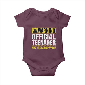 13th Birthday Baby Onesie Warning Official Teenager May Contain Attitude Funny 13 Years Old TS11 Maroon Print Your Wear
