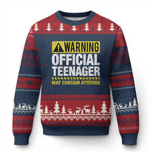 13th Birthday Ugly Christmas Sweater Warning Official Teenager May Contain Attitude Funny 13 Years Old TS11 Navy Red Print Your Wear