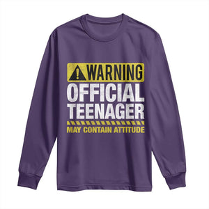13th Birthday Long Sleeve Shirt Warning Official Teenager May Contain Attitude Funny 13 Years Old TS11 Purple Print Your Wear